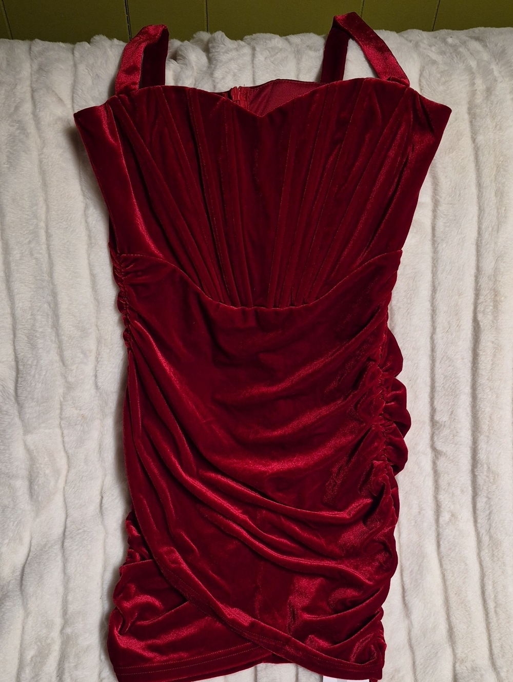 Elegant Red Velvet Ruched Mini Dress - Women